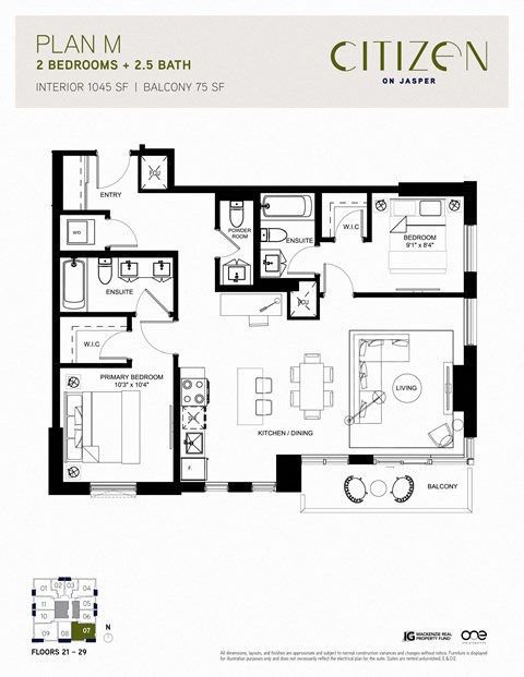 Floor plan for 2 beds, 2.5 baths, 1045 sqft